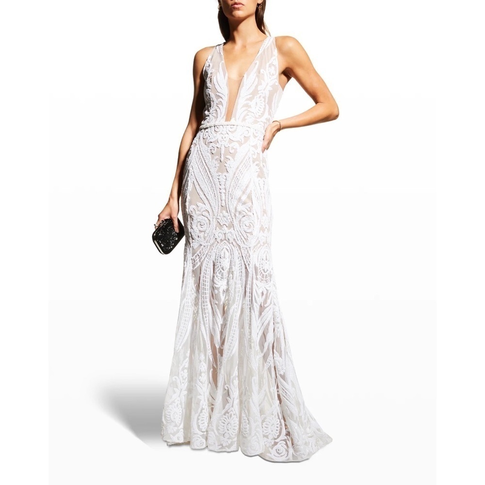 NWT Bronx And Banco Ester Beaded Deep V Sequin-embellished Gown Bridal Dress XS - Picture 6 of 13